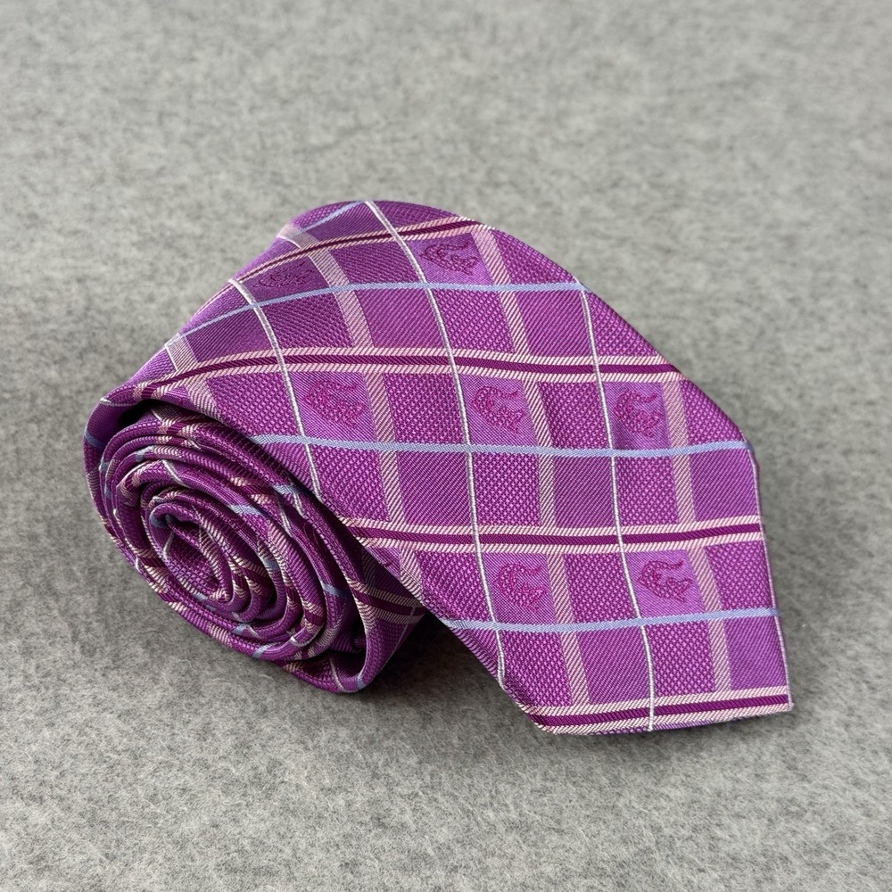 Vintage Jan Leslie Italy Silk Tie Purple Pink Plaid Woven Lizard 58x3.25"